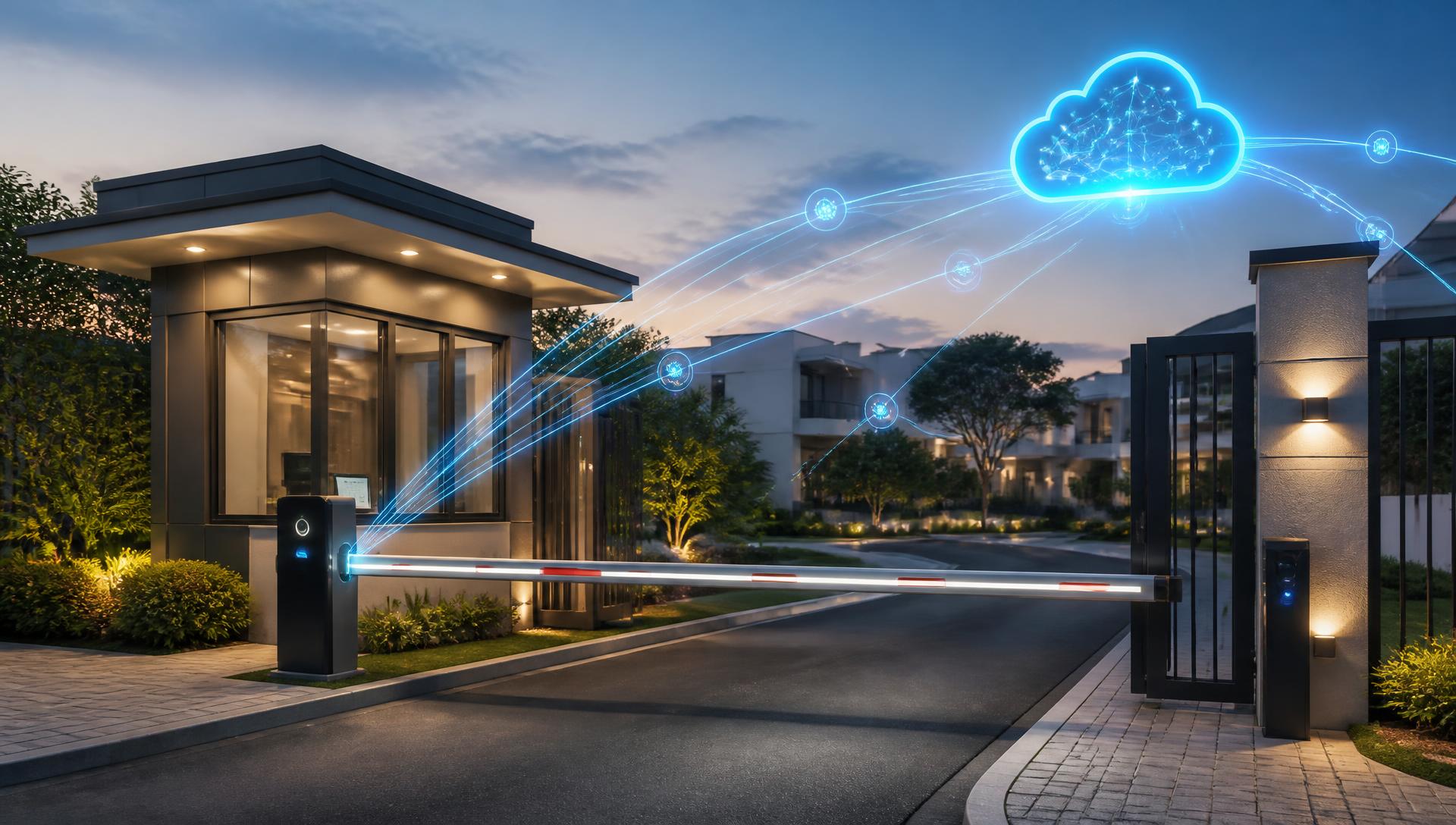 Modern gated community entrance connected to a cloud ERP through real-time API integration