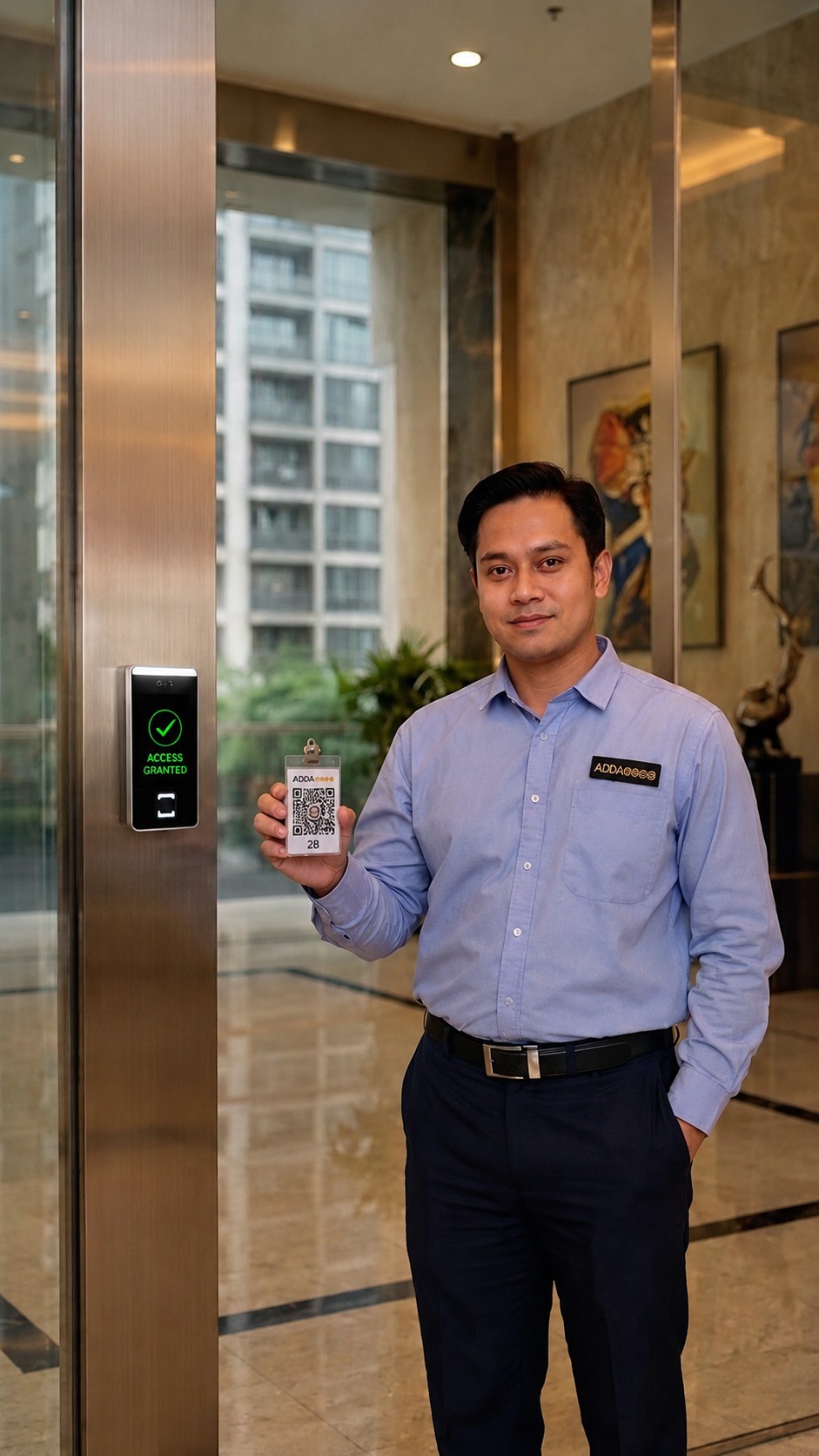 Authorised staff member using ID card access at a residential tower lobby