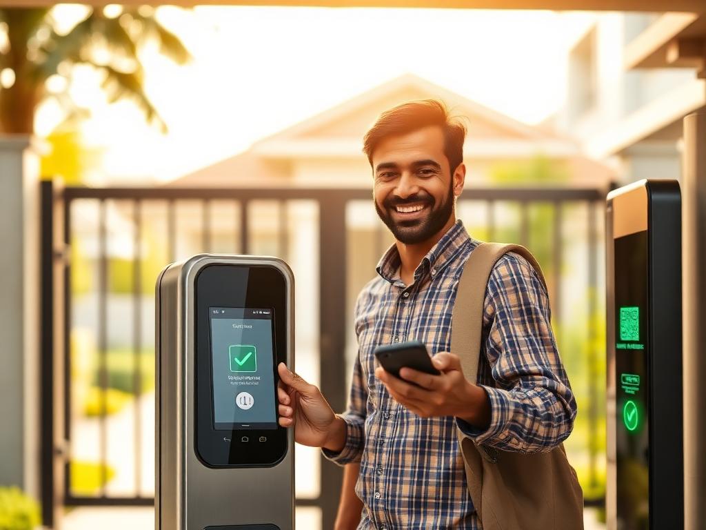 Pre-approved visitor scanning a QR at a residential community gate