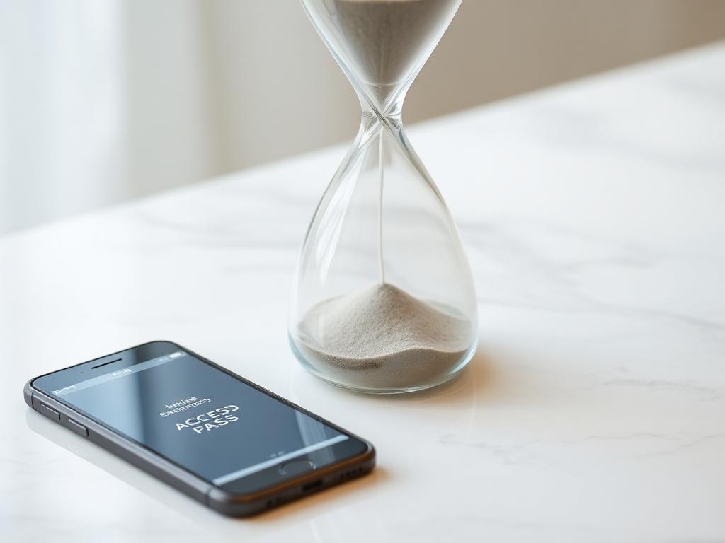 Hourglass next to a phone showing an expired access pass