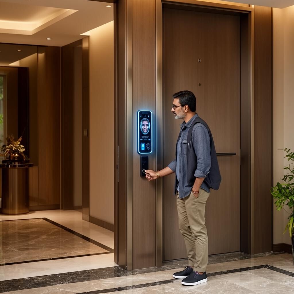 Resident approaching an SmartAccessHub device for seamless face-based entry