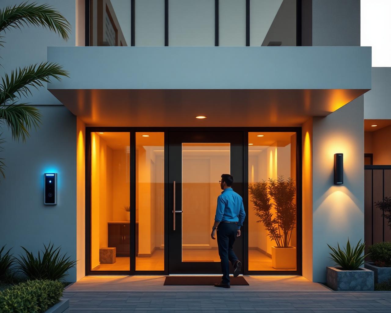 Resident approaching a smart clubhouse door with face recognition reader