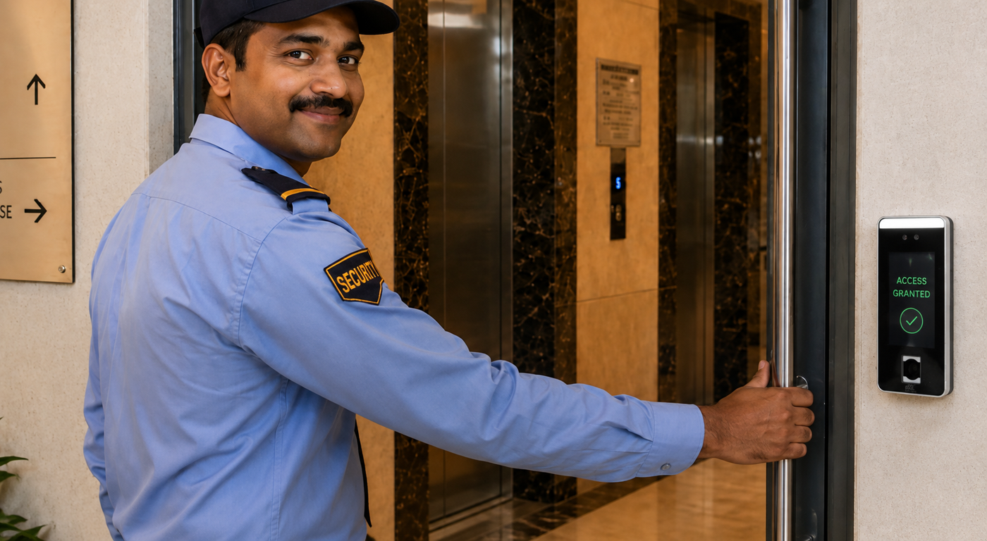 Community maintenance staff member at a modern residential community entrance