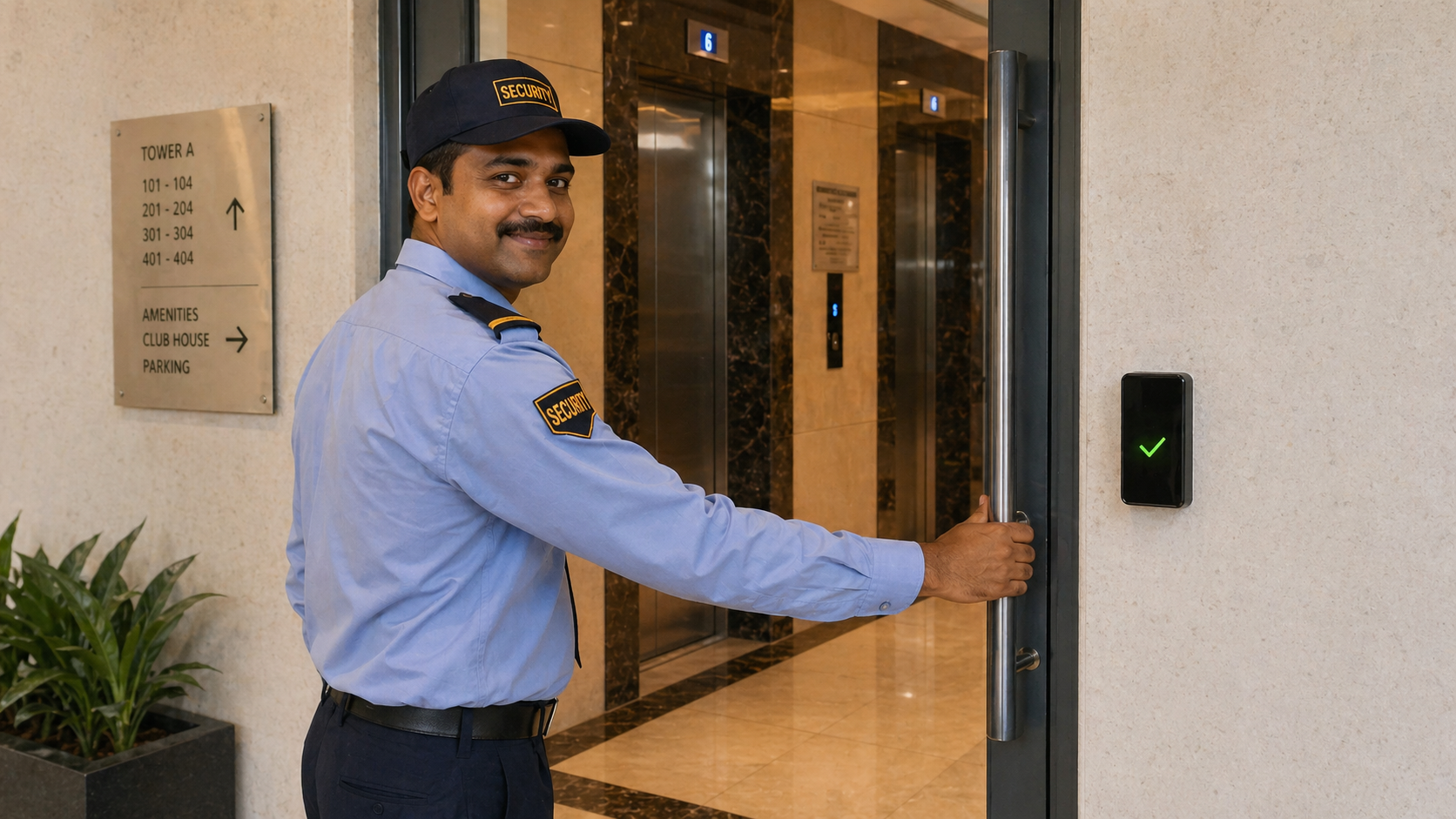 Community maintenance staff member at a modern residential community entrance