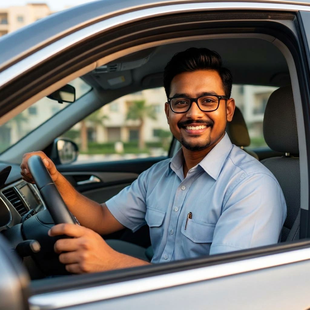 Personal driver employed by a resident standing near a premium residential community entrance