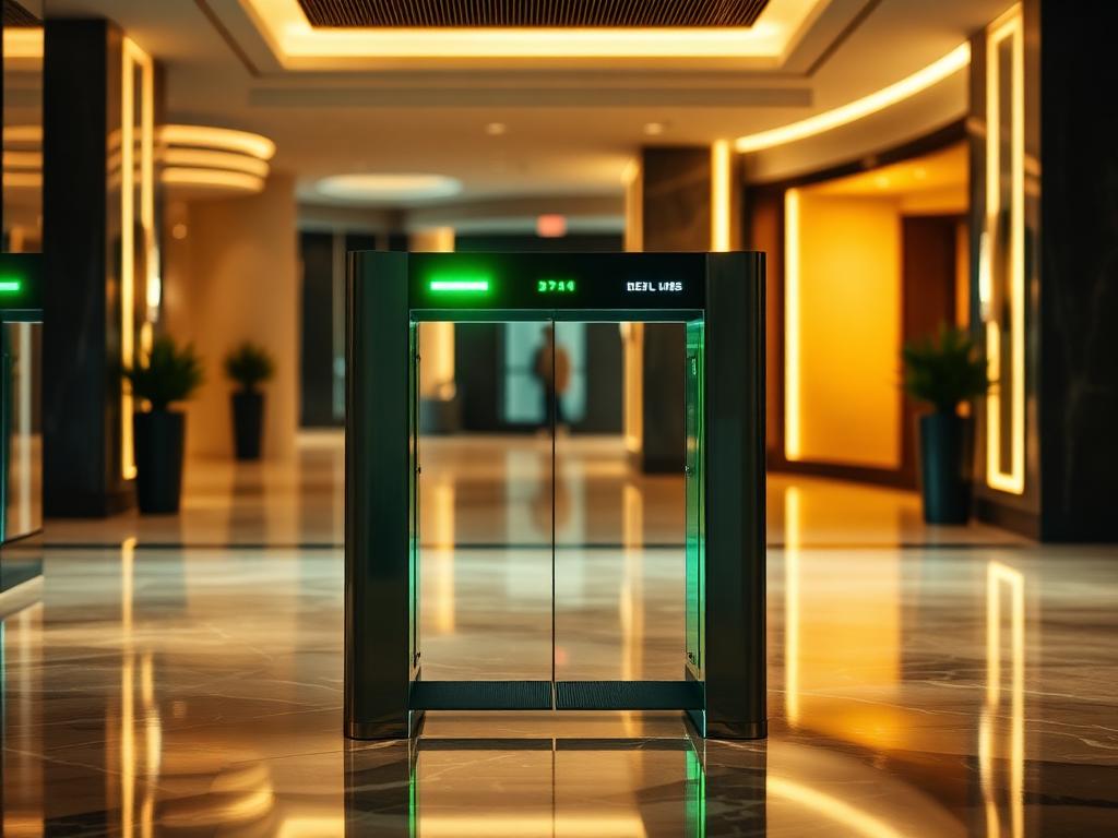 Modern flap turnstile gate opening with a green LED at a residential lobby