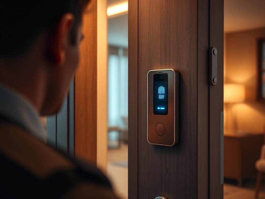 Person presenting face to a wall-mounted biometric reader at an apartment door