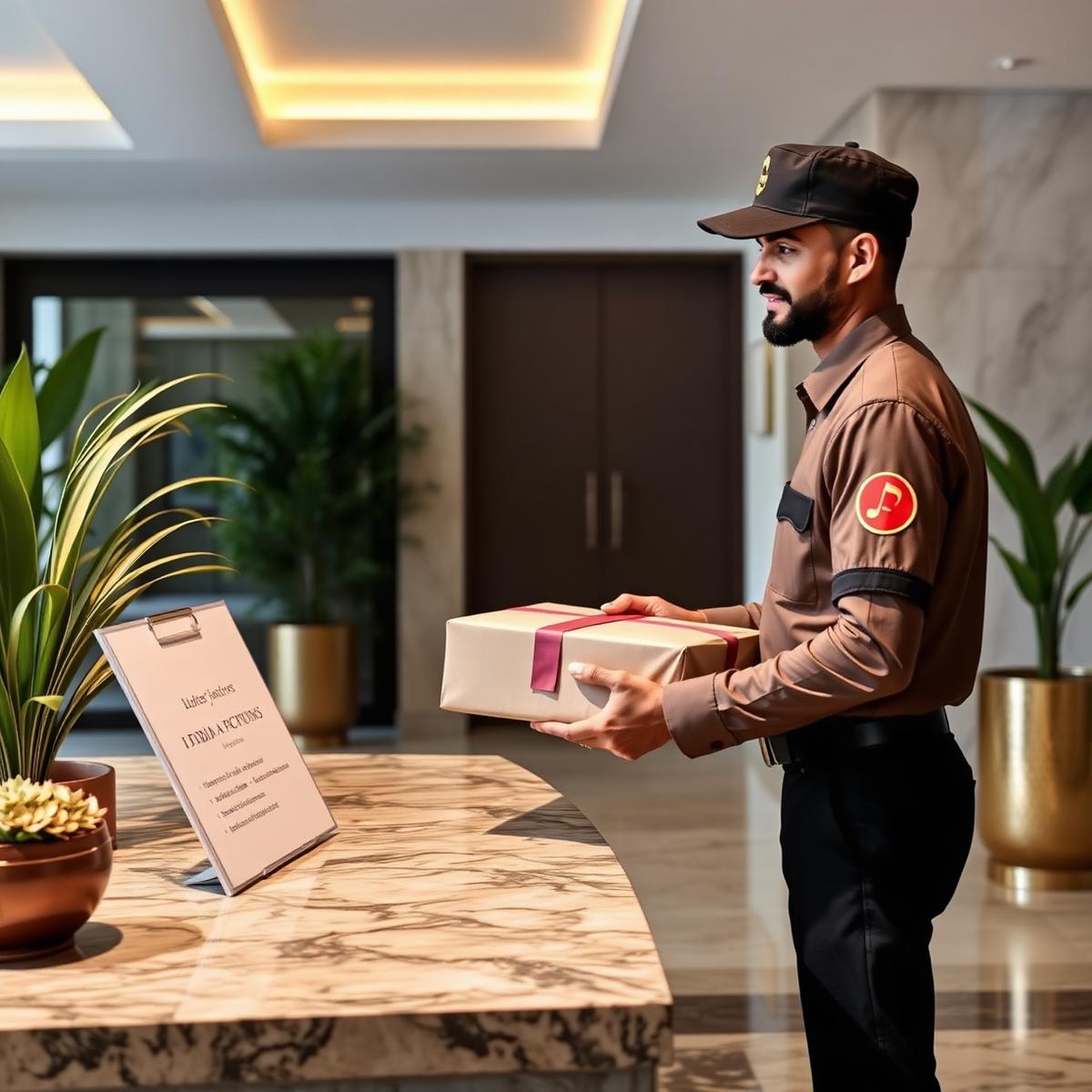 Delivery agent at a designated drop-off counter inside a premium residential lobby