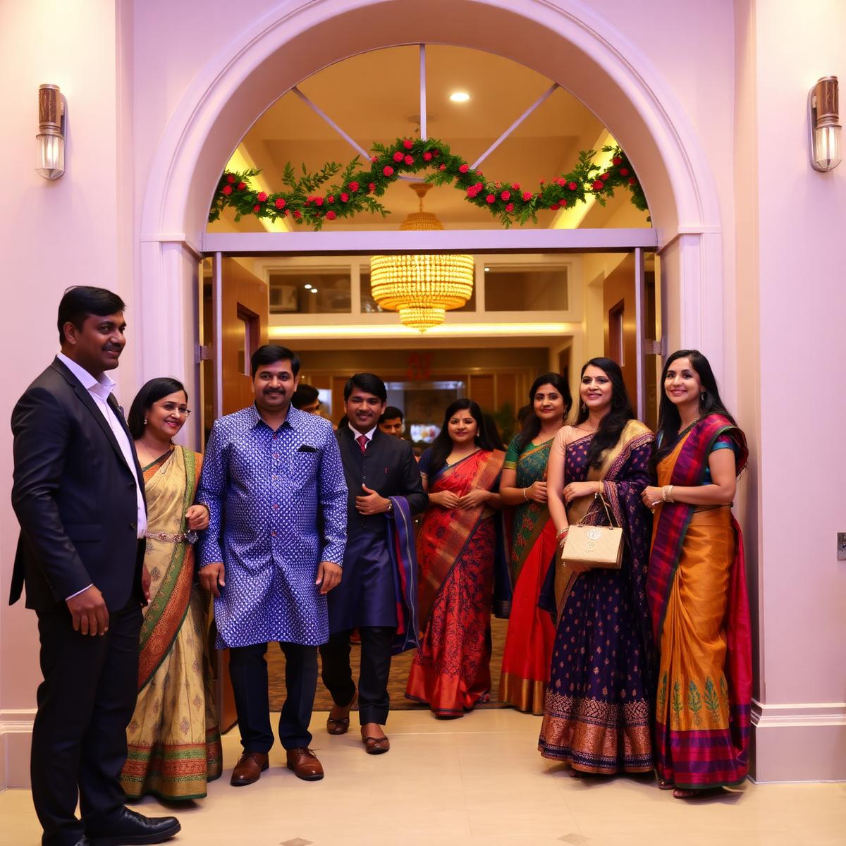 Well-dressed guests arriving at a community party hall entrance