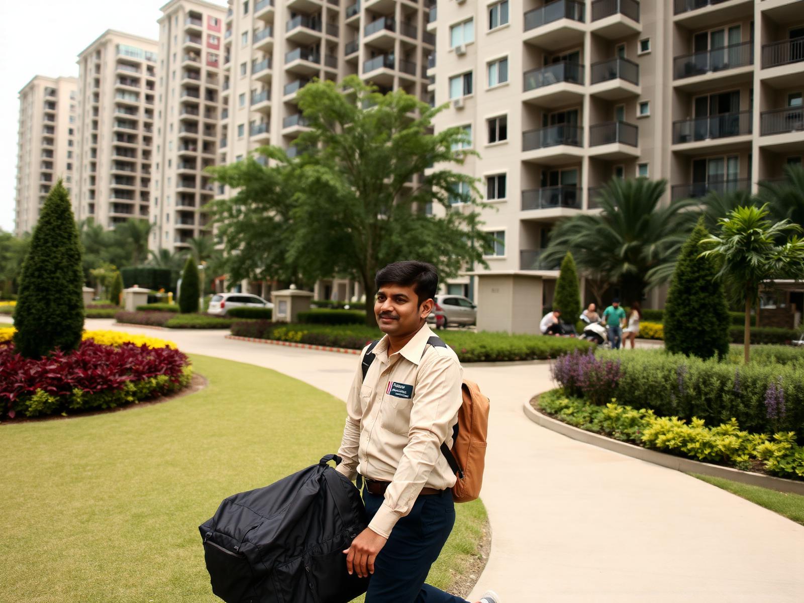 Delivery agent walking freely through a residential community garden