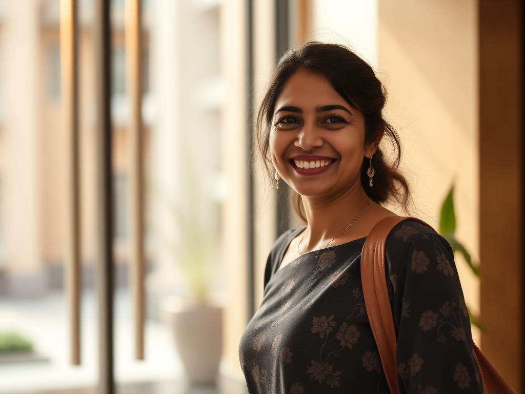 Resident smiling near a modern apartment lobby door