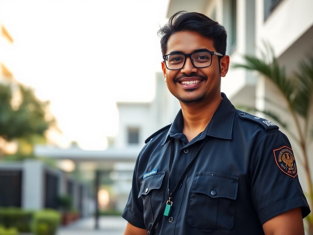 Community staff member in uniform at a residential entrance