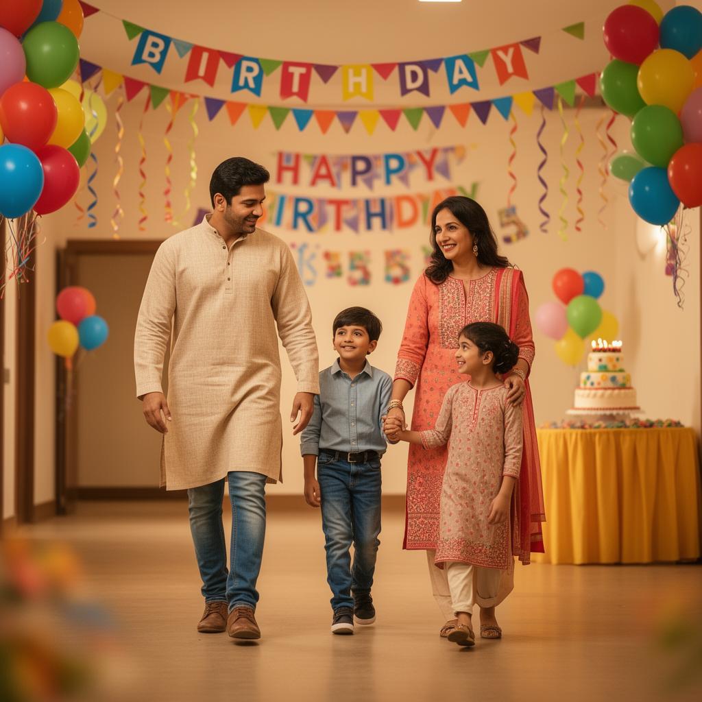 Guest family entering a beautifully decorated community hall