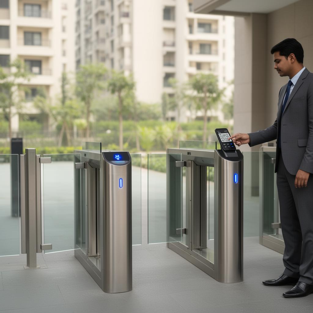 Glass flap gates at pedestrian entry of a residential community